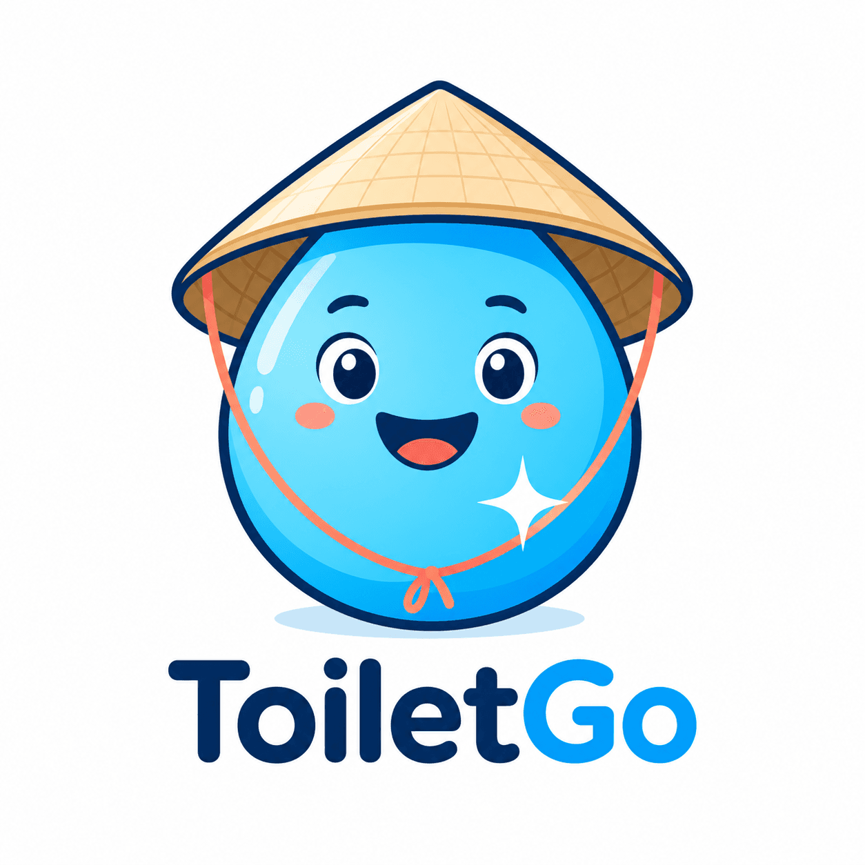 ToiletGo water-drop mascot wearing a Vietnamese conical hat